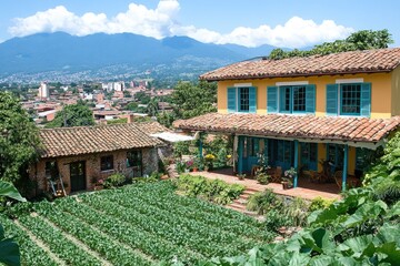 Charming hillside farmhouses with cultivated fields and mountain backdrop