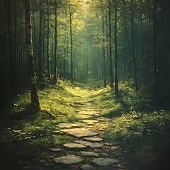 Obraz premium Sunlit forest path with vibrant flowers high resolution hd image