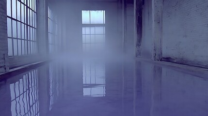 Obraz premium A large empty room with reflective floor and heavy mist