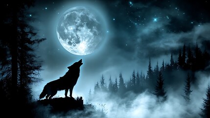 Wolf Howling Night Forest Moon.