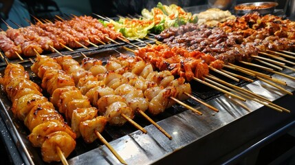 Colorful skewers of various meats and vegetables sizzle on a grill at a bustling street food market. The aroma fills the air, attracting eager customers nearby