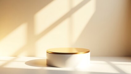 Luxury Display Podium: Glossy White & Gold Cylinder with Natural Sun Glow