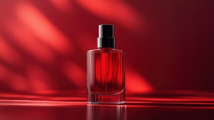 Naklejka premium Elegant red glass perfume bottle illuminated against a deep red backdrop showcasing timeless design and luxury appeal