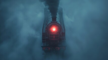 A steam train with a glowing red front light appears through dense fog during twilight. The scene evokes a sense of nostalgia and intrigue, highlighting vintage transportation