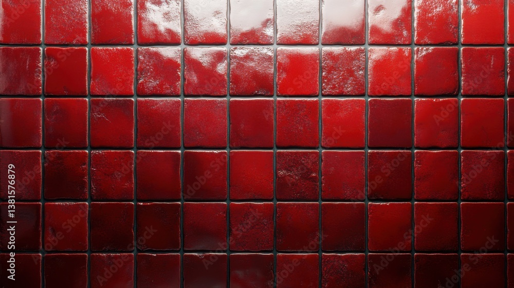 Poster glossy red ceramic tiles arranged in a square pattern reflecting light from a nearby source