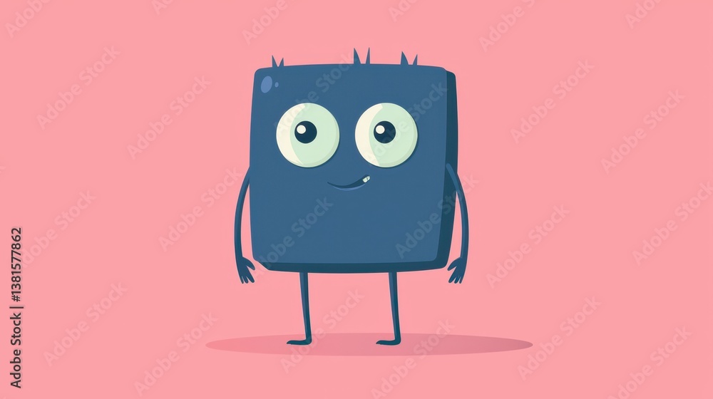 Poster a playful character with a square body and large expressive eyes stands confidently on a light pink 