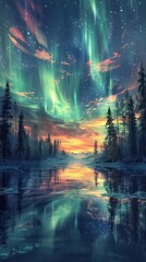 A stunning aurora borealis illuminating a serene river landscape at sunset.
