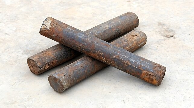 Four rusted metal rods laying over a simple concrete surface