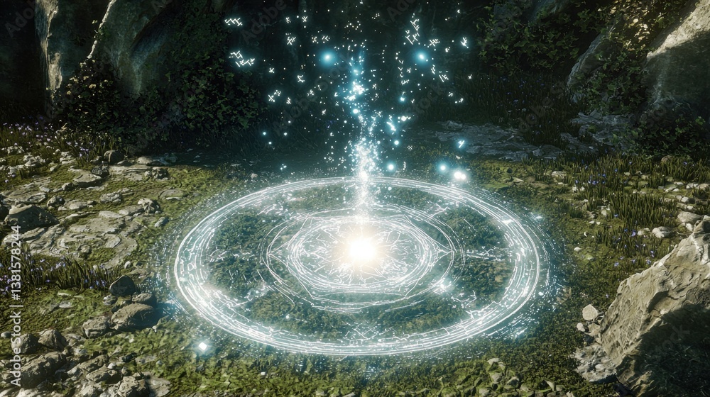 Poster a radiant circle of light emits particles into the night sky, surrounded by rocks and greenery, crea