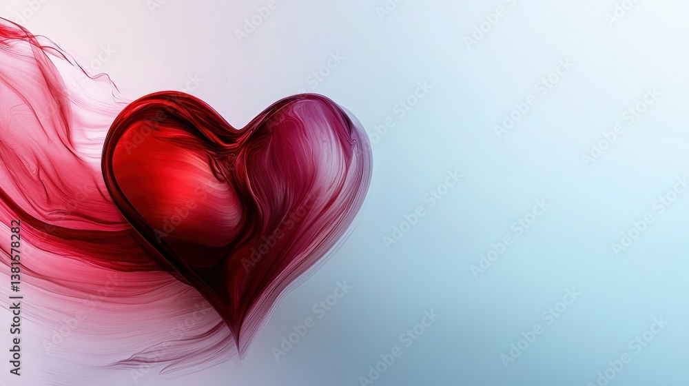 Poster a vibrant heart shape emerges from smooth red swirls against a calming gradient background, creating