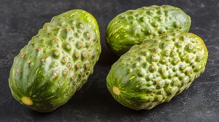 Three fresh cucumbers laying on a textured dark background