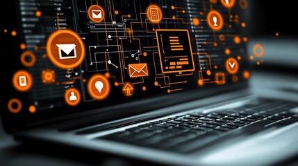 A laptop screen displaying glowing digital communication symbols and networks