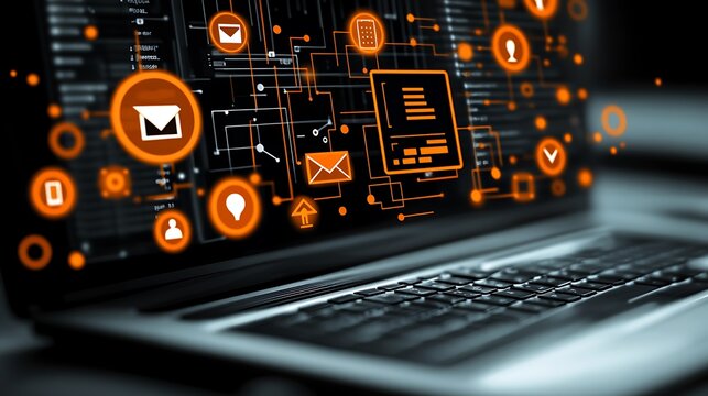 A laptop screen displaying glowing digital communication symbols and networks - Powered by Adobe