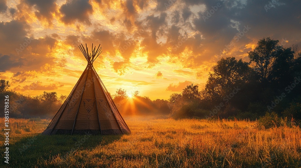 Poster at dawn, a teepee stands proudly in a tranquil field as the sun's golden rays break through the clou