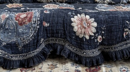 A dark blue floral patterned bedspread with ruffled trim