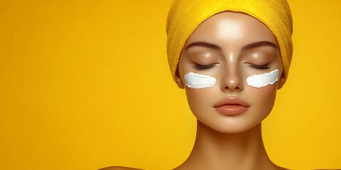 Woman applying face cream with yellow.
