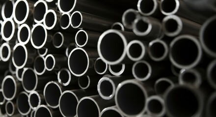 Close-up of metal pipes stacked in a warehouse, showcasing industrial materials