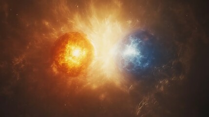 Two celestial bodies collide in vibrant cosmic space with energy