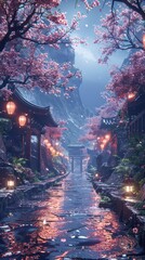 A serene, cherry blossom-lined path with lanterns, creating a tranquil atmosphere.
