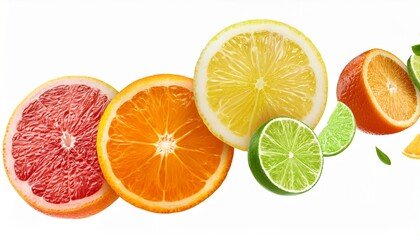 Obraz premium mix of falling orange grapefruit lime and lemon slices isolated on white background