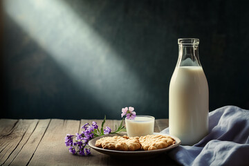 Still life in minimalism. Bottle fresh milk, stands on a wooden table on a linen towel, next to the plate homemade oatmeal cookies and glass of milk. The concept of a healthy morning breakfast.