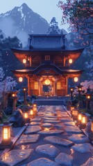 Fototapeta premium A serene traditional Japanese building illuminated by lanterns, surrounded by cherry blossoms.