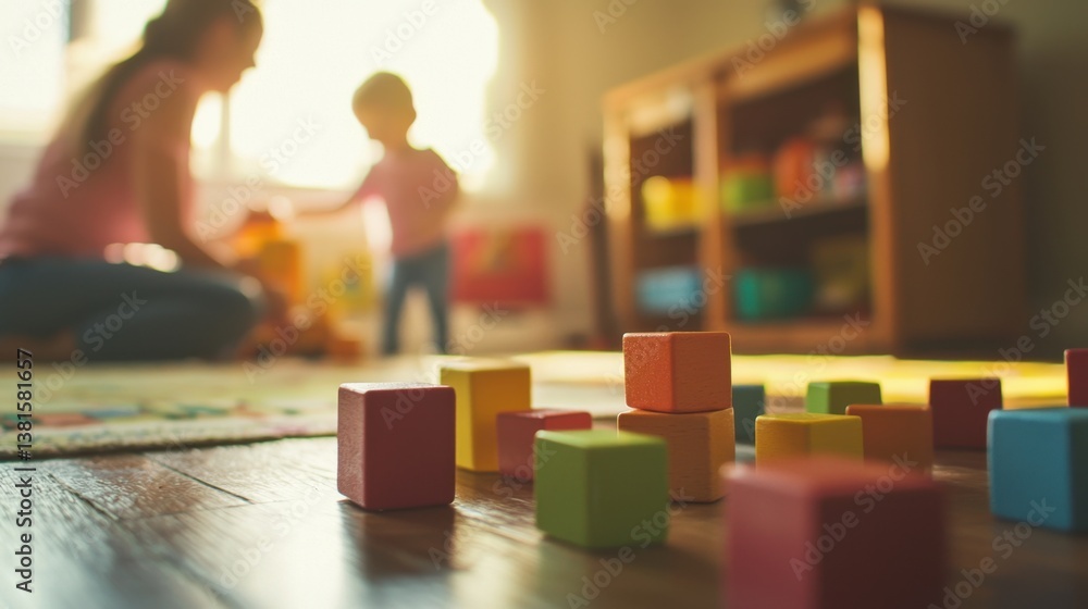 Poster a child plays with colorful building blocks while an adult supervises nearby. sunlight filters throu