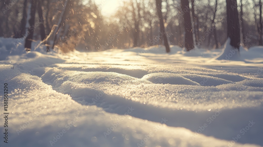 Poster soft snow blankets the ground in a tranquil forest setting as warm sunlight filters through the tree