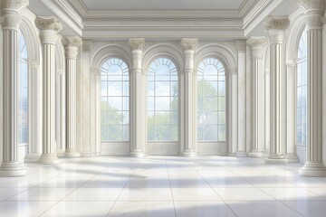 Obraz premium White grand hall with large windows in palace or castle, surrounded by lush greenery