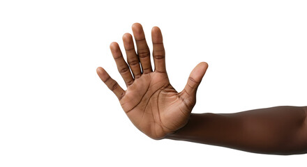 Dark skinned hand reaching out on a white background to stop