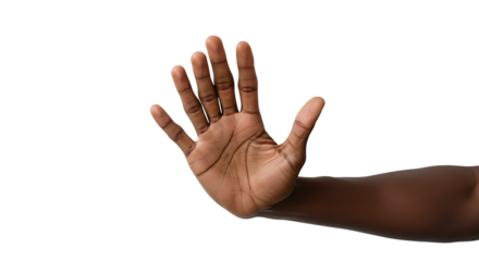 Dark skinned hand reaching out on a white background to stop