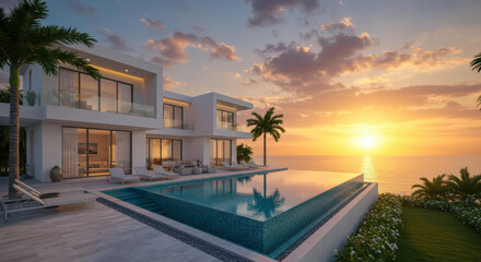 Experience the elegance of this luxury house located by the ocean, featuring a stunning pool and breathtaking sunset views. The modern architecture enhances the serene atmosphere