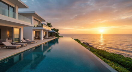 Obraz premium This luxury house showcases a stunning infinity pool that blends seamlessly with the ocean