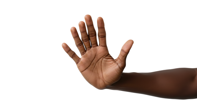Dark skinned hand reaching out on a white background to stop