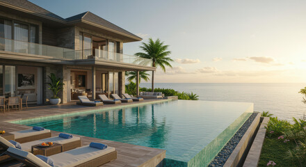 Fototapeta premium A stunning luxury house features a spacious infinity pool with breathtaking ocean views at sunset. Sun loungers surround the pool, creating a perfect spot for relaxation in this peaceful paradise