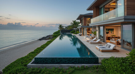 Fototapeta premium A luxurious house located by the beach showcases modern architecture with large windows and an infinity pool. Palm trees frame the property as the sun sets over the serene ocean
