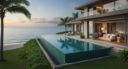 Obraz premium This luxury house features an infinity pool overlooking the ocean, surrounded by tropical landscaping. The modern design includes spacious living areas and large glass panels to enjoy sunset views