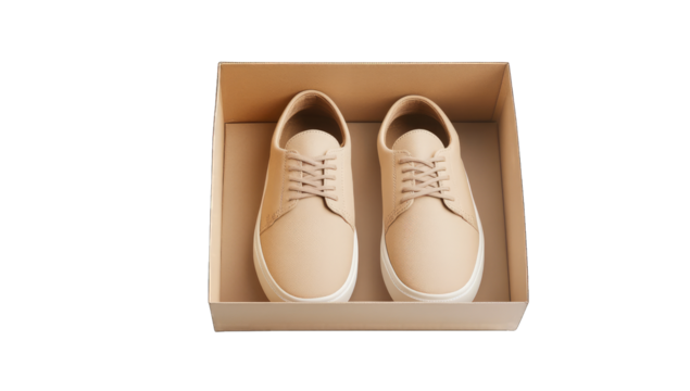 a pair of beige shoes neatly placed inside a simple cardboard bo