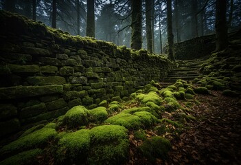 Fototapeta premium A stone wall covered in green moss in a forest.