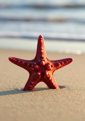 Vibrant red starfish resting on sandy beach near the ocean