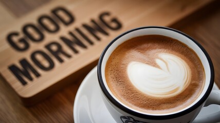 A creamy coffee served in a white cup with a black rim and "Good morning" text