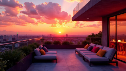 Fototapeta premium A modern hotel terrace overlooking a vibrant sunset, with comfortable seating and colorful cushions. The warm hues of the sky create a romantic atmosphere, copy space