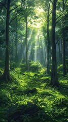Naklejka premium A serene forest scene with sunlight filtering through trees, illuminating lush greenery.