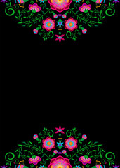 Mexican folk art style vector floral pattern, flowers border frame designs inspired by traditional embroidery from Mexico, illustration isolated on black background with copy space for text