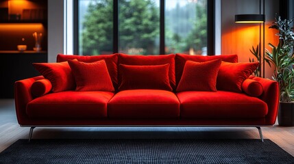 Red velvet sofa in modern living room, large window view, relaxing atmosphere, home interior design