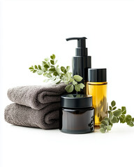 Luxury Skincare Products with Towels and Greenery on White Background