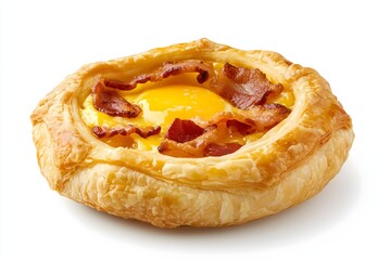 A flaky breakfast puff pastry with egg, cheese and bacon isolated on a white background