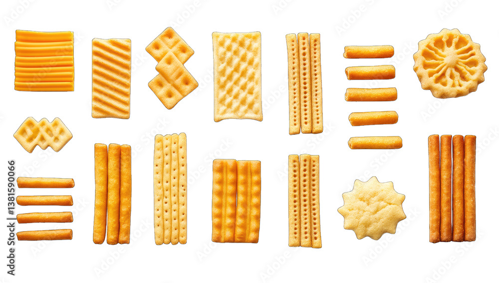 Poster an assortment of various types of crackers and snacks arranged n
