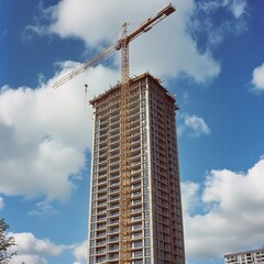 Building under construction with crane.
