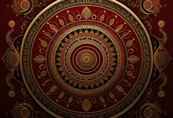 A red and gold mandala on a black background.